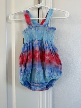 Angel Dear Red White and Blue 4th of July Tie-Dye Ruffle Baby romper NWT 6-12 M